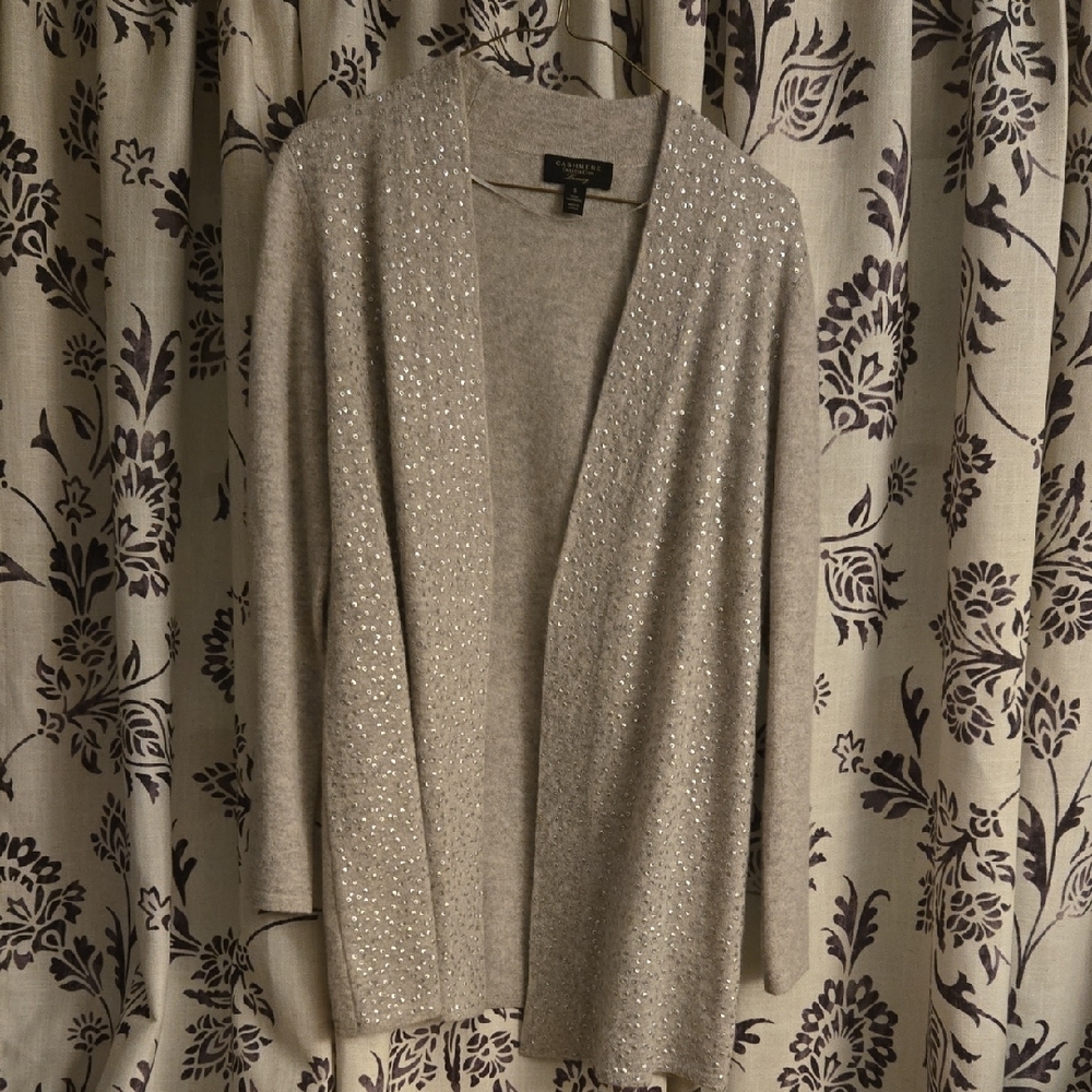 Charter Club Chasmere Gray Cardigan Sweater W/front Sequin Detail Open Front Suz